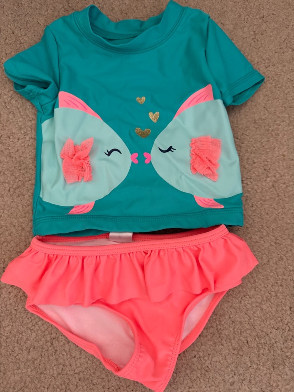 Carter's Teal & Neon Coral Fish Rash Guard Bikini Set